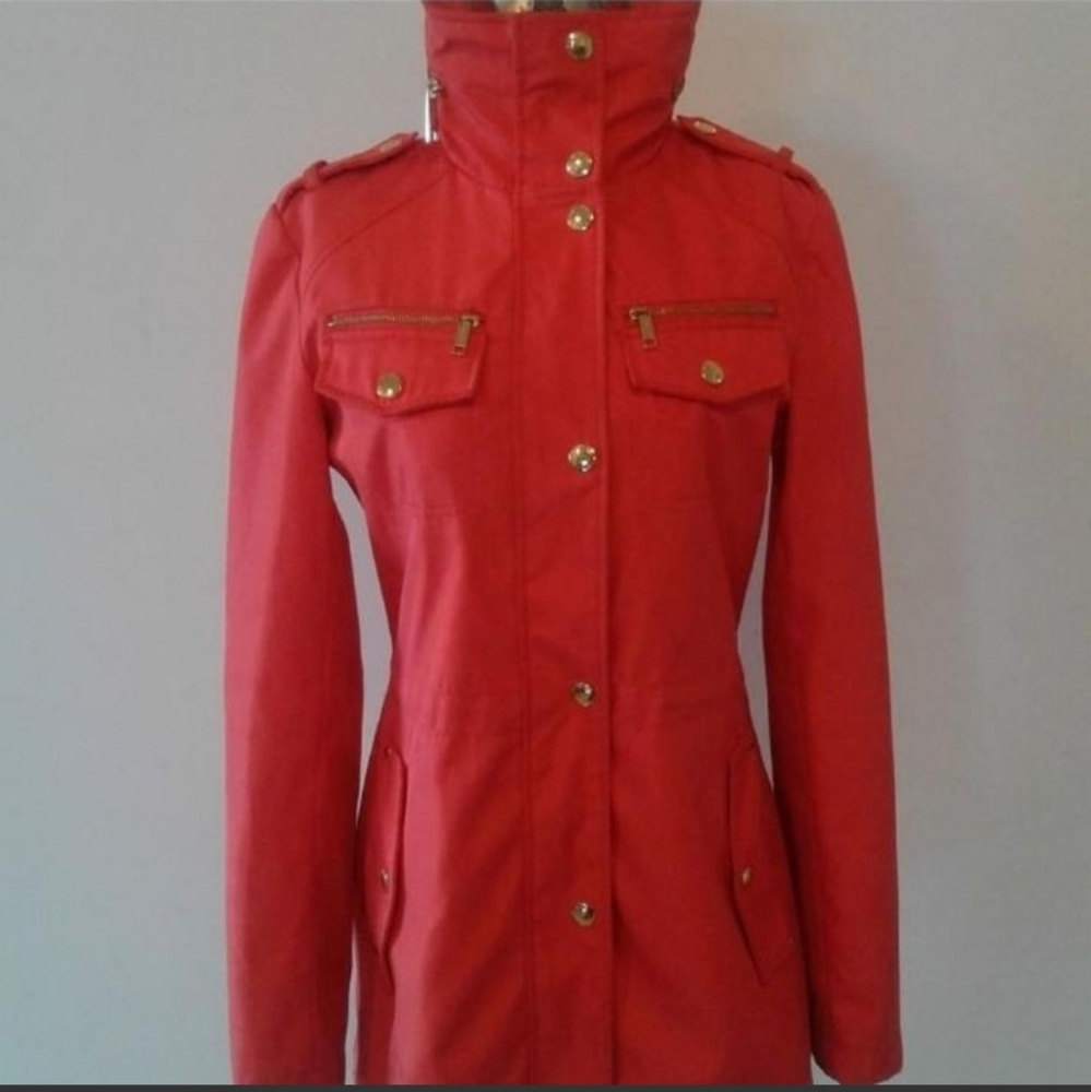 Michael Kors Orange Anorak Safari Waterproof trench coat hidden Hooded Jacket XS